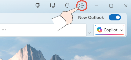 新しいOutlookの英語バージョンで、設定を開く操作手順。
