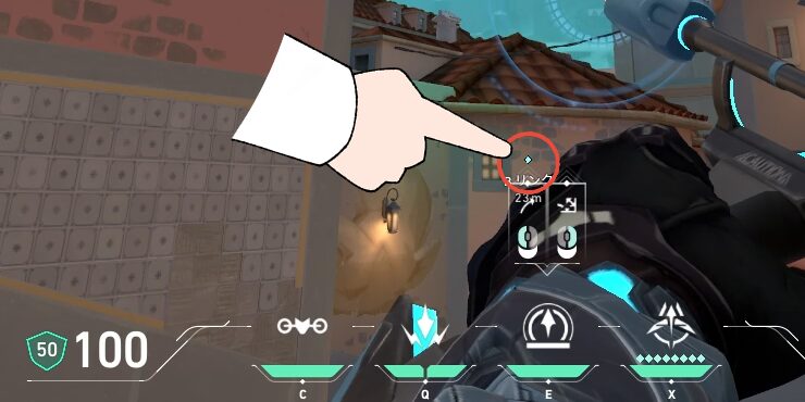 【イモータル解説】パールで使えるソーヴァのリコンボルト定点まとめ【VALORANT】 22 VALORANTのパールで、守りのソーヴァのBロングリコン定点①のポイントを指さしている画面。