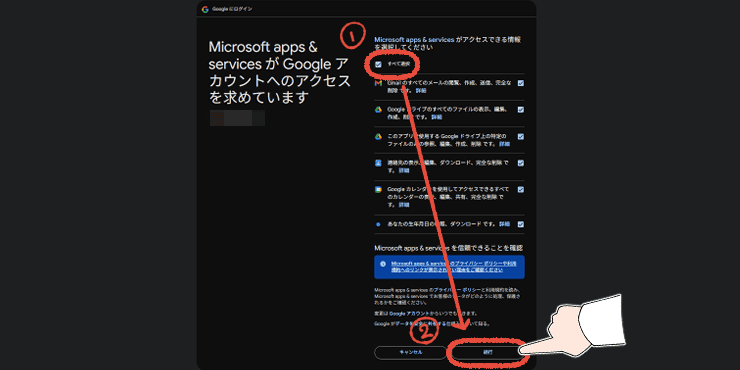 Microsoft apps &servicesがGoogleアカウントへのアクセスを求めている画面で、すべて選択して「許可」をクリックする操作画面。