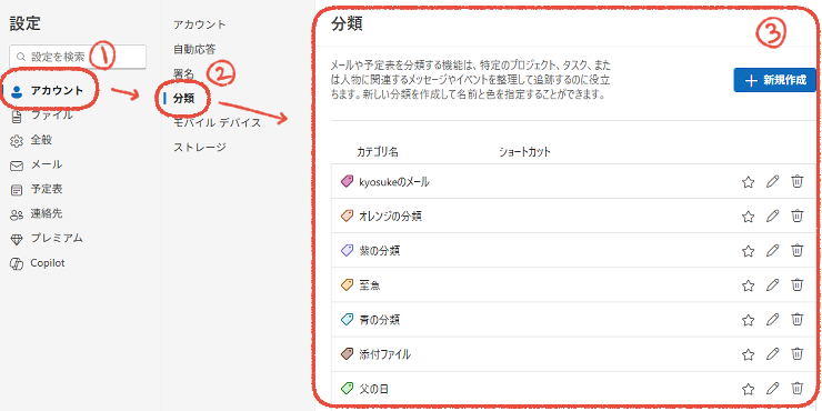 新しいOutlookの設定画面。分類の管理画面。